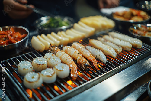 Lively Korean BBQ experience with grilled shrimp, scallops, and fish at a communal dining table with vibrant side dishes photo