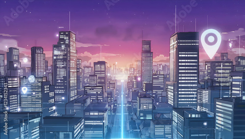 Futuristic cityscape at twilight, glowing digital buildings with a location pin photo