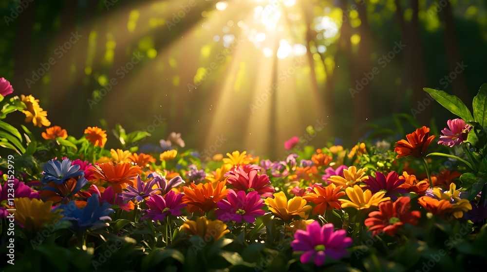 Obraz premium Colorful Flowers in Sunlit Forest
