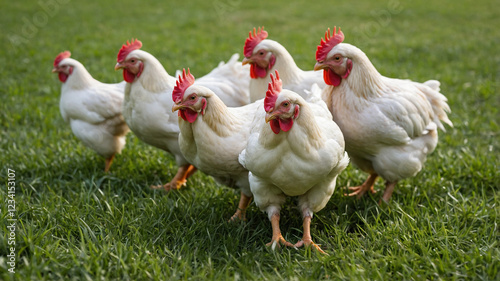 Cinematic rack focus on chickens grazing peacefully on green grass, isolated on white background with Kino XL lighting setup.
