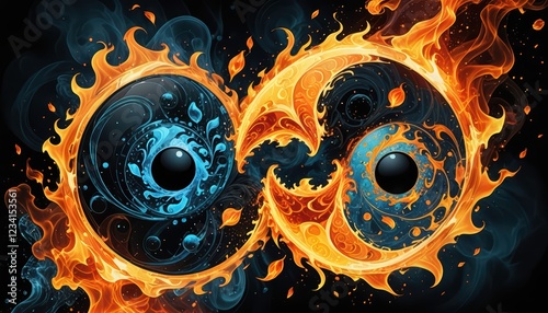 Abstract fire and water fusion, dual energy forces, yin-yang inspired composition photo