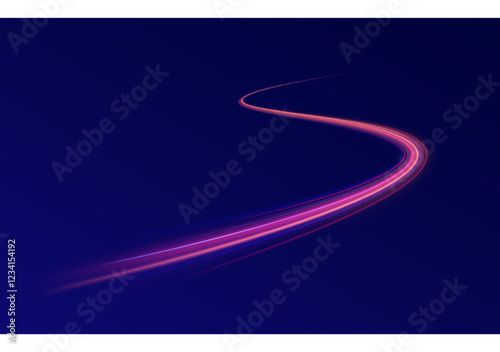 Light trail wave, fire path trace line, car lights, optic fiber and incandescence curve twirl. Big data traffic visualization, dynamic high speed, png, effect. Vector glowing lines air flow effect. 
