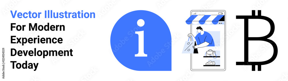 Information icon, e-commerce development on mobile app, and cryptocurrency symbol showcase technology themes. Ideal for tech innovation, education, fintech, business growth, app development Information icon, e-commerce development on mobile app, and cryptocurrency symbol showcase technology themes. Ideal for tech innovation, education, fintech, business growth, app development