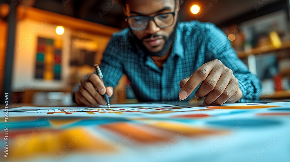 Man reviewing colorful financial charts and graphs Man reviewing colorful financial charts and graphs