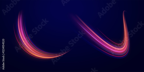  Light arc in neon colors, in the form of a turn. Creative vector illustration of flying cosmic meteor, planetoid, comet, fireball isolated on transparent background. Effect, png, wave,neon,line.
