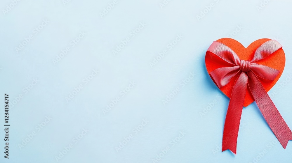 Red ribbon placed on a solid blue background creating a simple and elegant composition Red ribbon placed on a solid blue background creating a simple and elegant composition