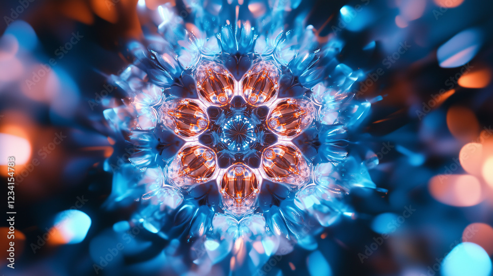 Fototapeta premium An abstract background with colorful kaleidoscopic visual effects with a bright orange center