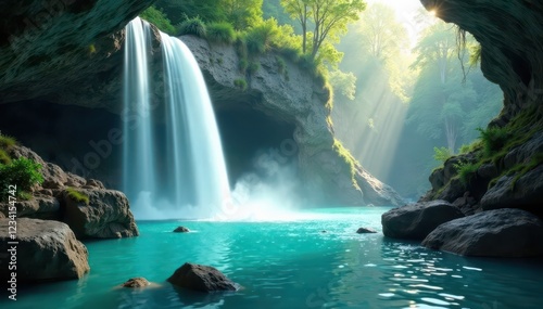 Softly glowing turquoise waterfalls cascading down natural limestone formations, mystical, misty, limestone