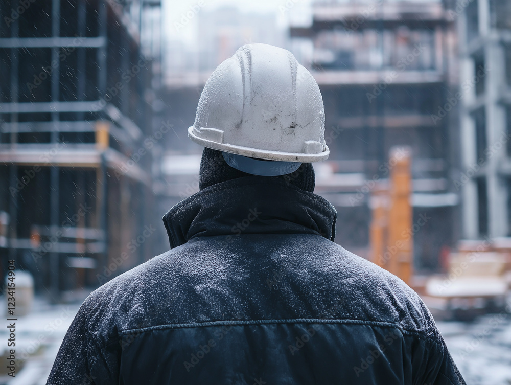 Obraz premium A focused worker in a white hard hat stands with his back to the viewer, taking in the snow-covered construction site. The atmosphere conveys dedication and determination amidst winter's chill. 