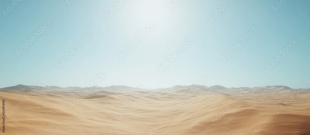 Fototapeta premium Sunlit desert dunescape, mountains background, heat haze, travel poster