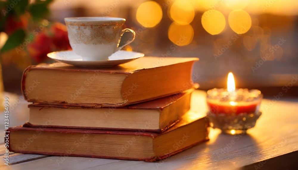 Stack of Old Books Paired with a Cup of Tea and Candlelight Stack of Old Books Paired with a Cup of Tea and Candlelight