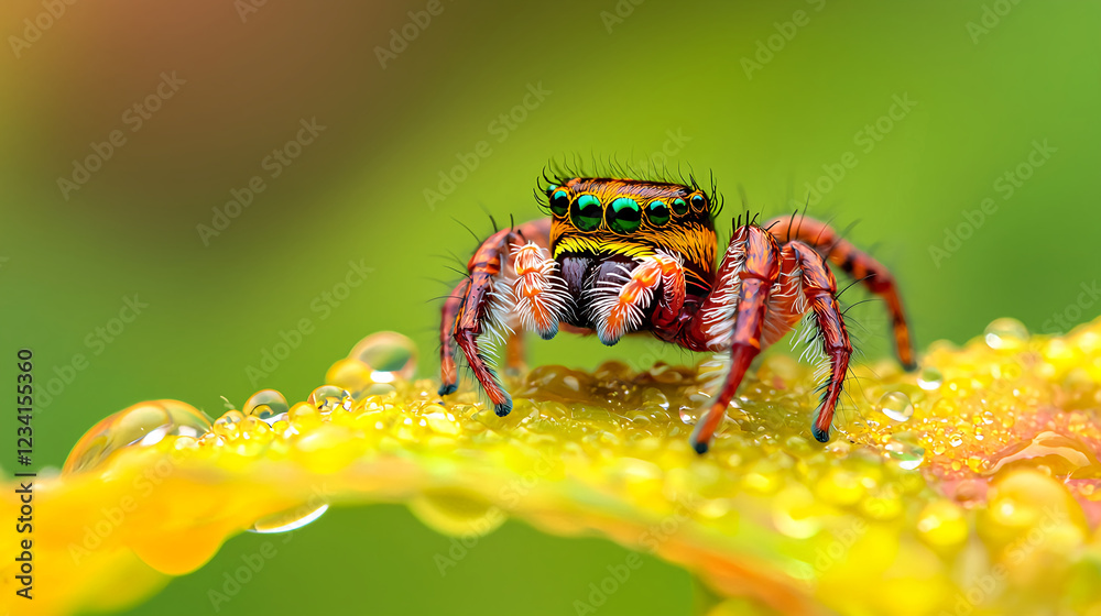 Fototapeta premium Colorful Jumping Spider on Dew-Covered Leaf