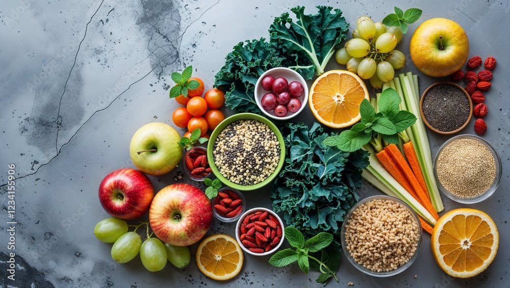 A vibrant and appetizing still life setting featuring a variety of healthy and clean eating options against a backdrop of smooth, weathered gray concrete, with a mix of fresh fruit. A vibrant and appetizing still life setting featuring a variety of healthy and clean eating options against a backdrop of smooth, weathered gray concrete, with a mix of fresh fruit.