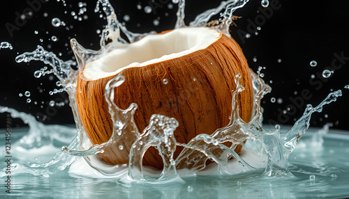 A fresh coconut cracked open, with coconut water splashing in all directions, giving a tropical and energizing feel photo