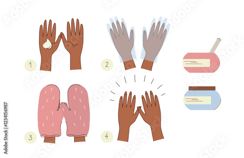 Set vector icons. Infographics process of cold paraffin therapy for hands, The concept emphasizes beauty, skin care, and relaxation.