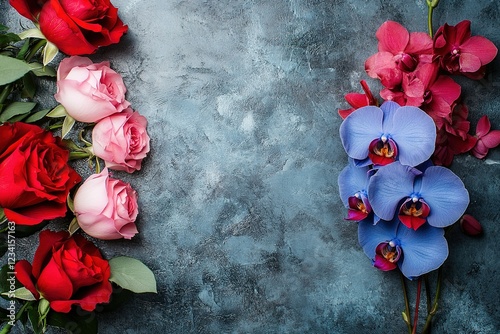 Valentine s Day concept with a top view close up of blue orchids pink carnations and a red rose on a textured background with copy space image photo