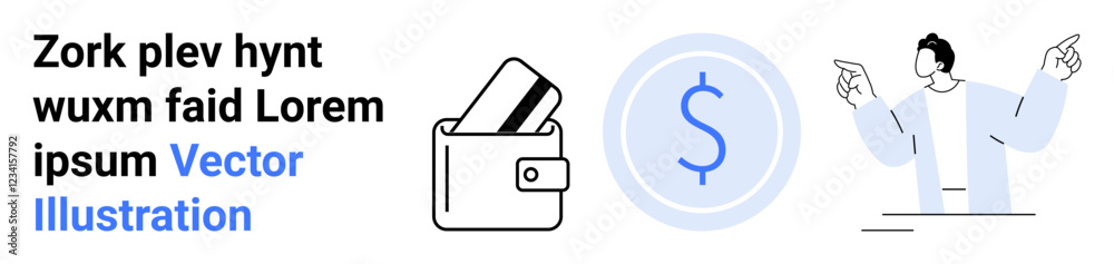 Businessman pointing at wallet and dollar icon, text beside. Ideal for financial services, banking, business presentations, online transactions, personal finance advice, economic discussions Businessman pointing at wallet and dollar icon, text beside. Ideal for financial services, banking, business presentations, online transactions, personal finance advice, economic discussions