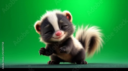 Cute cartoon skunk posing, green screen, animation, children's book