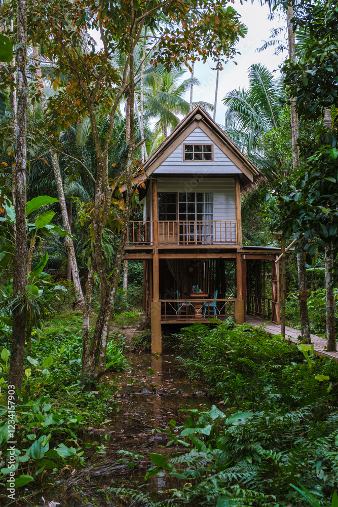 Nestled amidst vibrant foliage, this charming wooden house offers a peaceful escape. Lush plants and towering trees create a serene atmosphere, perfect for relaxation and reflection. Nestled amidst vibrant foliage, this charming wooden house offers a peaceful escape. Lush plants and towering trees create a serene atmosphere, perfect for relaxation and reflection.
