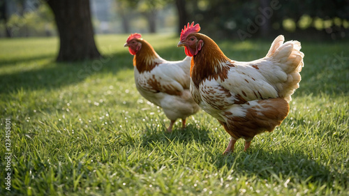 Cinematic rack focus on chickens grazing peacefully on green grass, isolated on white background with Kino XL lighting setup.









