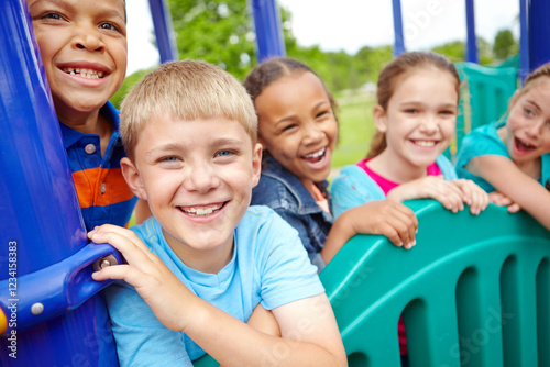 Fotografie Friends, diversity and kids in playground for holiday, childhood and having fun on jungle gym
