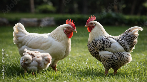 Cinematic rack focus on chickens grazing peacefully on green grass, isolated on white background with Kino XL lighting setup.









