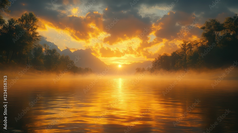 Fototapeta premium Misty Mountain Lake Sunset