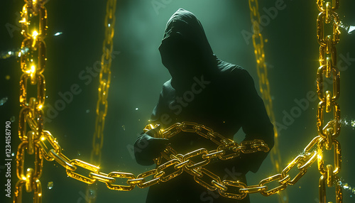 A shadowy figure bound by glowing chains, which shatter as beams of light emerge from within them photo