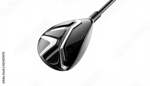 A modern golf driver with a sleek black and silver clubhead, displayed against a pure white background
