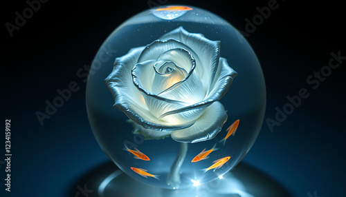 A mystical silver rose preserved in a crystal-clear sphere of liquid light, glowing fish illuminating its delicate form
