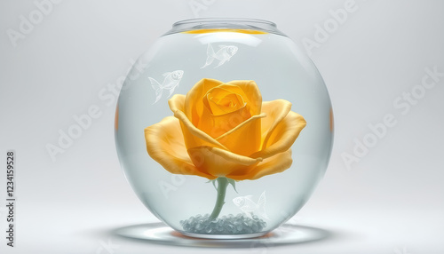 A magical golden rose inside a glass orb filled with luminous water, as ethereal glowing fish weave through the petals, against a soft white background