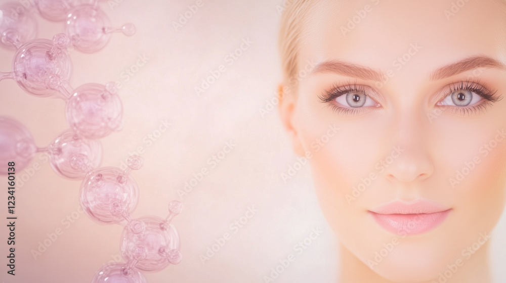 Naklejka premium A serene beauty portrait featuring a woman with flawless skin, surrounded by molecular structures, symbolizing skincare and beauty science