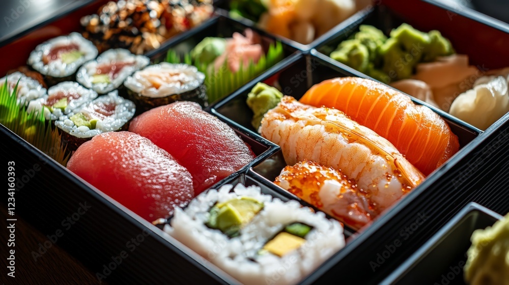 A close-up of a sushi bento box with compartments for different items A close-up of a sushi bento box with compartments for different items