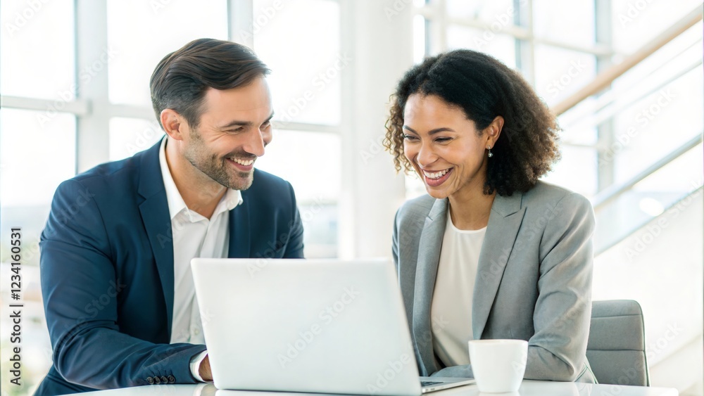 Two smiling professional business people talking using laptop computer working in office. Happy colleagues or entrepreneurs team man and woman discussing corporate technology at workplace.
Two smiling professional business people talking using laptop computer working in office. Happy colleagues or entrepreneurs team man and woman discussing corporate technology at workplace.