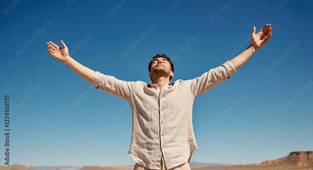 Young caucasian male celebrating freedom outdoors under clear blue sky Young caucasian male celebrating freedom outdoors under clear blue sky
