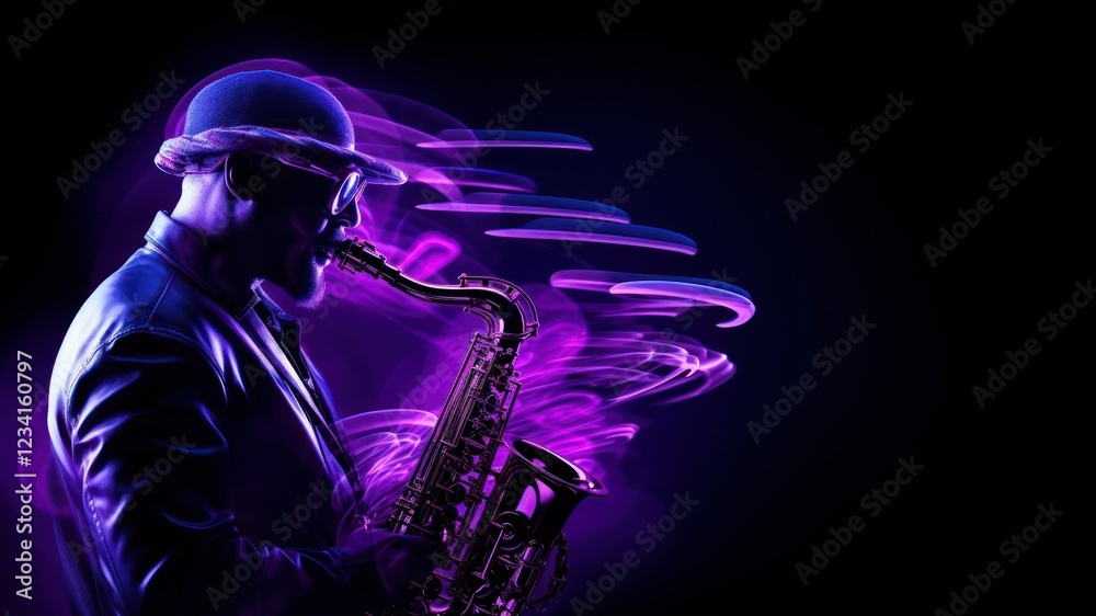 Fototapeta premium Jazz musician playing saxophone purple adult entertainment.