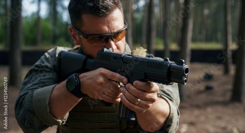 Caucasian male holding double barreled handgun in forest setting with tactical gear photo