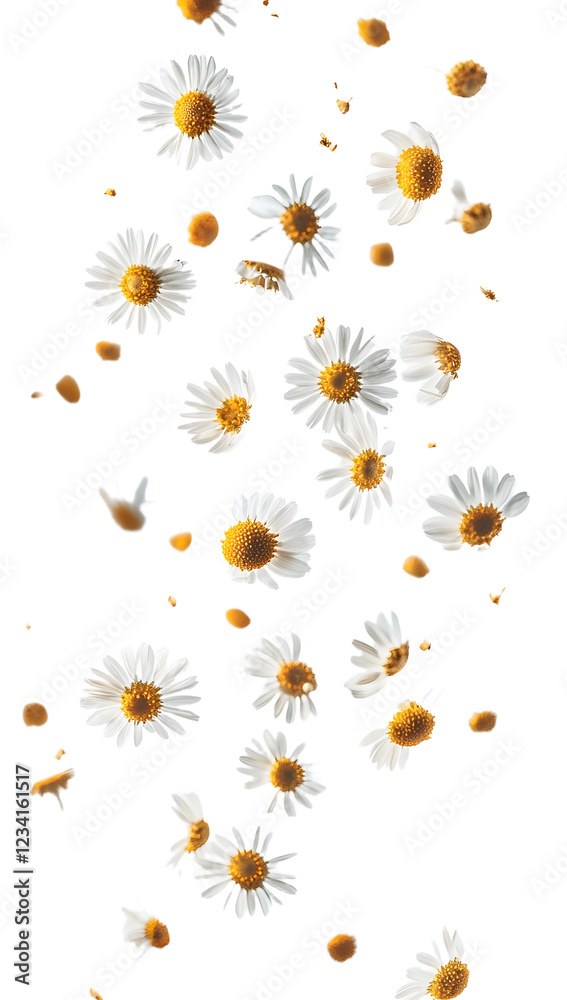 Falling chamomile isolated on white background, full depth of field Falling chamomile isolated on white background, full depth of field