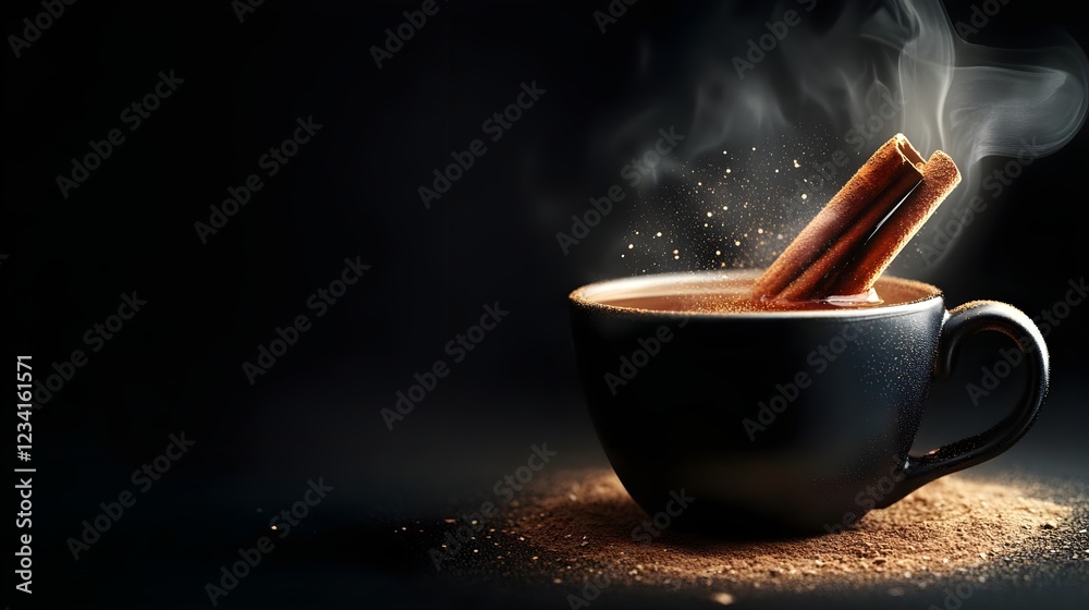 Warm Spiced Apple Drink with Cinnamon Stick, steaming in a dark mug on a cocoa powder surface.