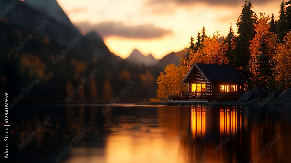 Fototapeta premium Cozy Cabin by a Tranquil Lake at Sunset, Autumn Colors and