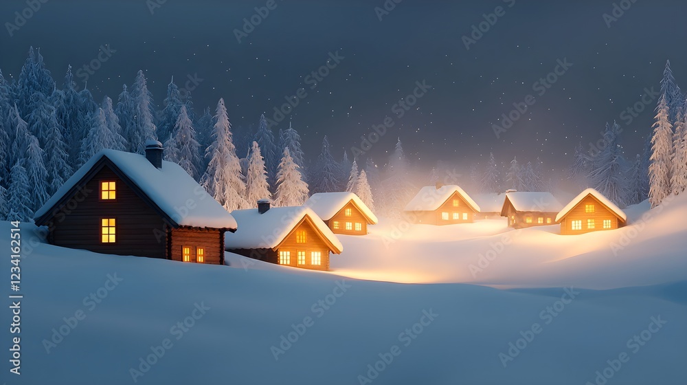 Naklejka premium Cozy Snow Covered Village at Night with Warm Cabin Lights