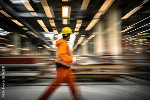 Construction worker walking motion adult architecture. photo