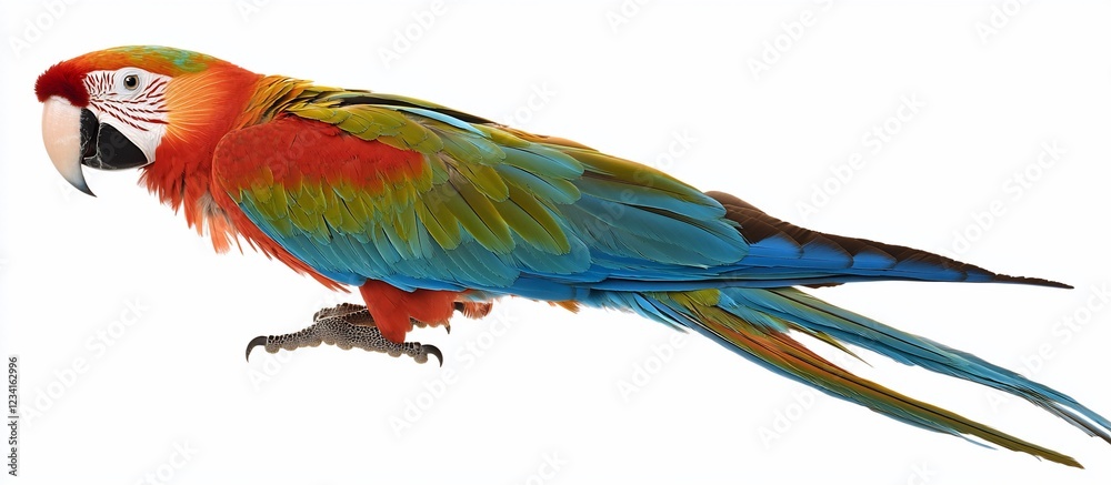 Fototapeta premium Colorful macaw parrot perched, isolated, white background, zoological print