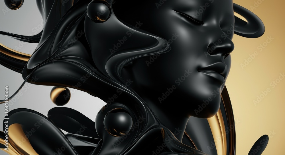 Abstract sculpture of female face with black and gold fluid details Abstract sculpture of female face with black and gold fluid details