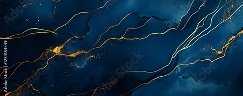 Luxury blue sapphire background backdrop graphic texture with golden lines.Wide view.AI Generative.