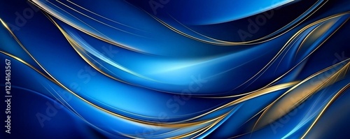 Luxury blue sapphire background backdrop graphic texture with golden lines.Wide view.AI Generative.