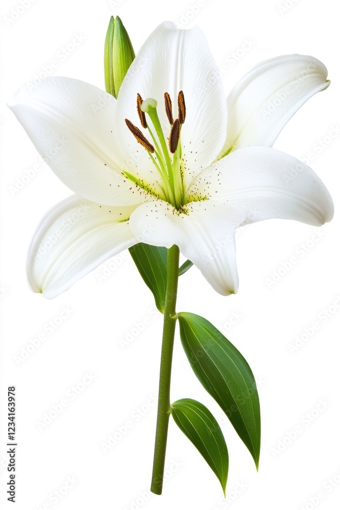 White flower with green leaves White flower with green leaves