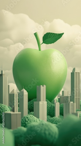 Giant Green Apple Over Cityscape A Conceptual Image