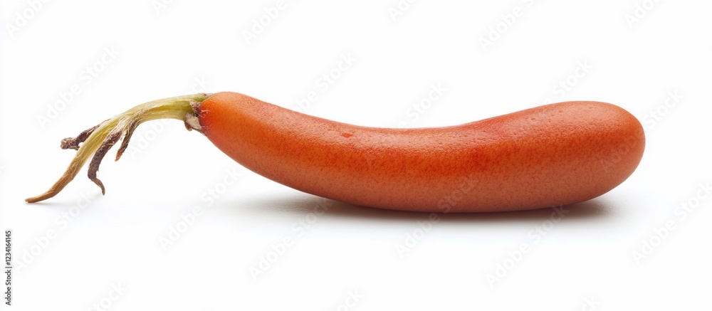 Single red chili pepper, stem, white background, food photography, recipe website