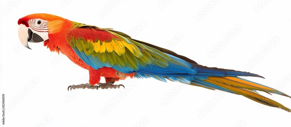Fototapeta premium Colorful Macaw Perched, White Background, Studio Shot, Print Design